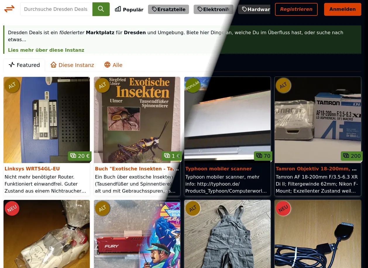 Screenshot of the flohmarkt web interface showing a marketplace listing page